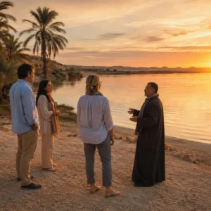 Gäste mit lokaler Reiseleitung an einem See der Oase Siwa bei Sonnenuntergang