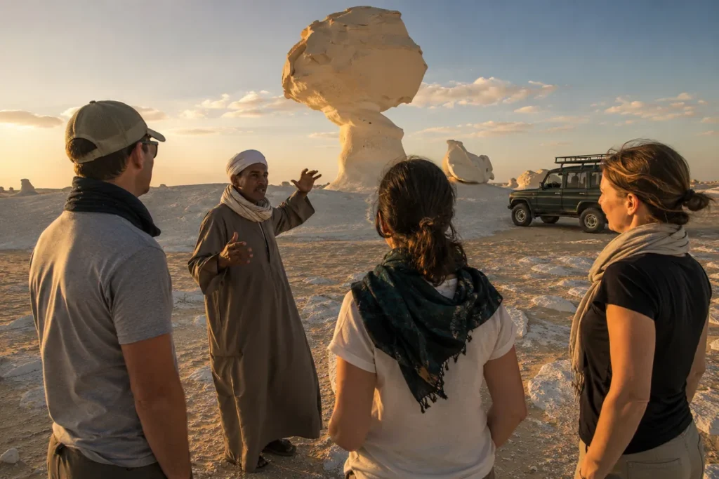 Guide with travelers beside a white chalk rock formation in Egypt’s White Desert during the 13 day trip