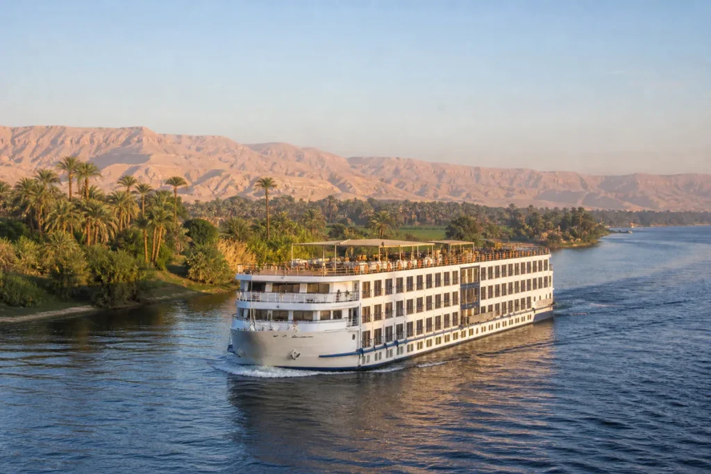 Nilkreuzfahrtschiff vor palmengesäumten Ufern in Oberägypten