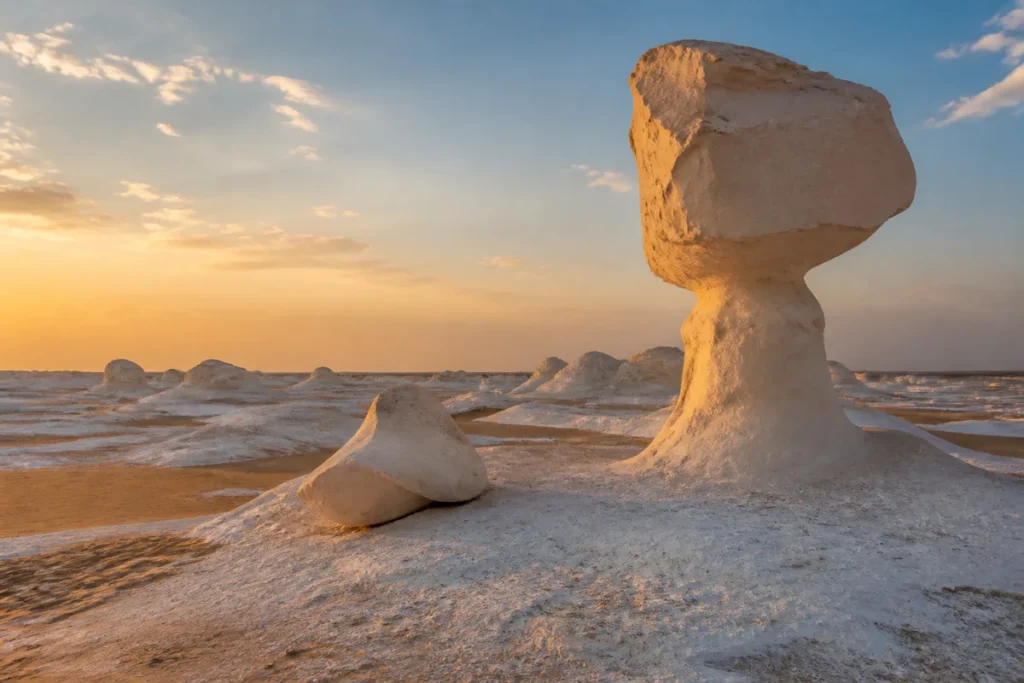 Weiße Kreidefelsformation in der Weißen Wüste bei Sonnenuntergang
