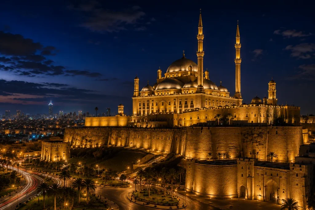 Beleuchtete Zitadelle von Kairo mit der Muhammad-Ali-Moschee bei Nacht als Kairo-Motiv der 12-tägigen Reise auf den Spuren der Heiligen Familie